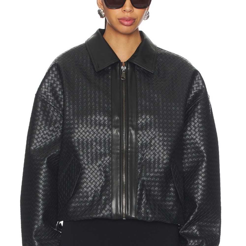 Lioness Black Woven-Texture Faux Leather Bomber Jacket